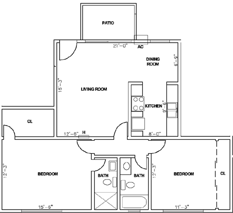 Floor plan for 2 beds, 2 baths, 775 sqft